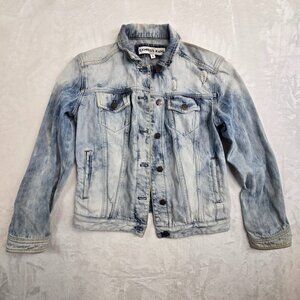 Express Jeans Jacket Womens Size Medium Button Up Blue Denim Distressed 4 Pocket